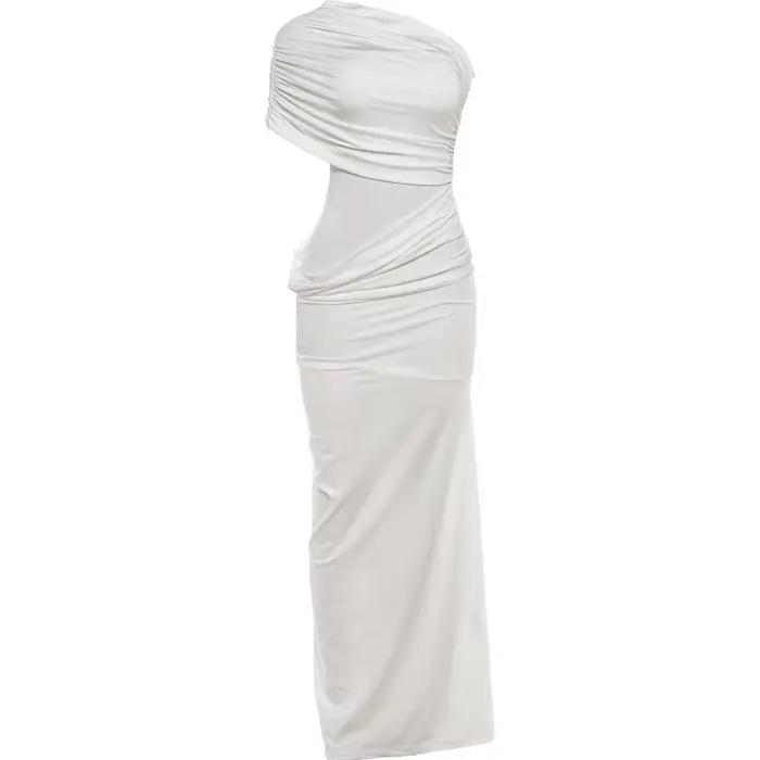 Robe longue sexy Kliou pour femme, épaules dénudées, col asymétrique, dos nu, taille haute, froncée,