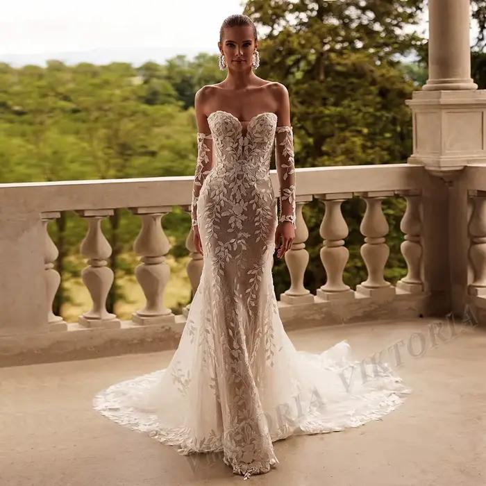 VIKTORIA-Robe de Mariée en Forme de Trompent pour Femme, Tenue Personnalisée en Dentelle et Tulle