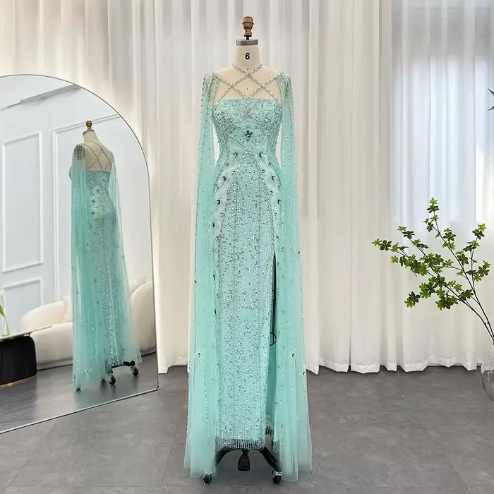 Sharon Said Dubai Champagne sirène robes de soirée avec manches Cape Aqua croisé lilas robe de soiré