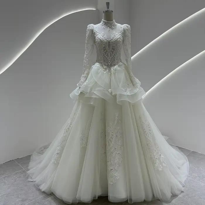 SL-9439 personnalisé 2025 robe de mariée col haut dentelle bouffée à manches longues robes de bal de