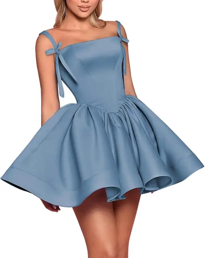 Robes de soirée en satin pour adolescentes, bretelles spaghetti, col carré, robe courte de bal coupe