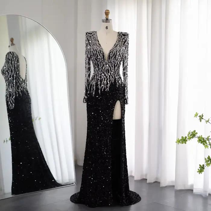 Sharon Said-Robe de Soirée Noire à Paillettes, Tenue de Luxe Arabe, Col en V, Manches sulf, Fente La