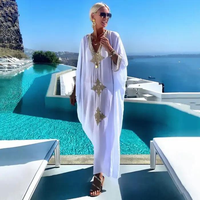 Robe caftan longue brodée dorée pour femmes, robe caftan à col en V, couvertures de plage, tunique m