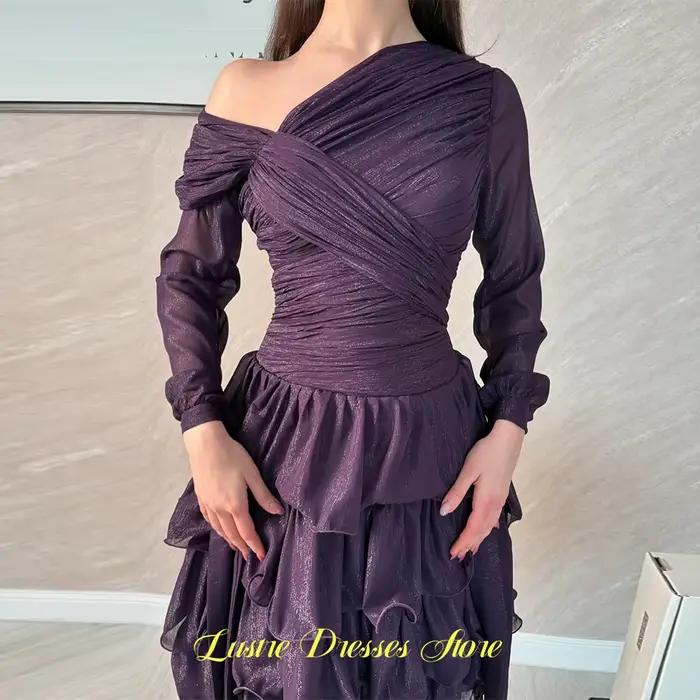 Robe de soirée élégante en mousseline, simple, à manches longues, asymétrique à une épaule, personna
