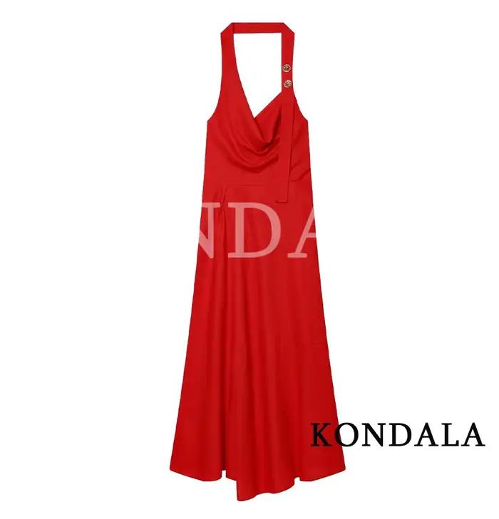 Robe longue rouge tendance KONDALA 2026 pour femme, élégante et chic, avec col halter et coupe évasé