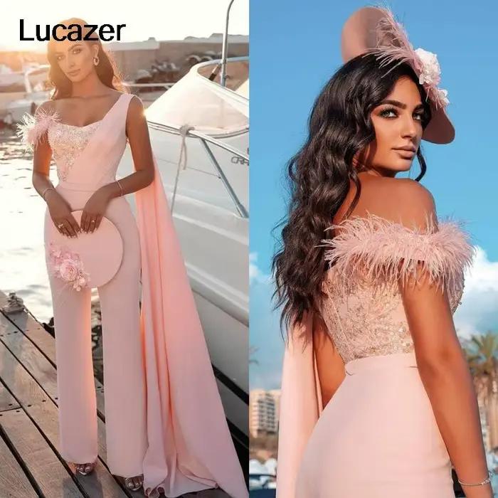 Combinaison robes de soirée avec pantalon, rose clair, robe de bal avec Cape, asymétrique épaule dén