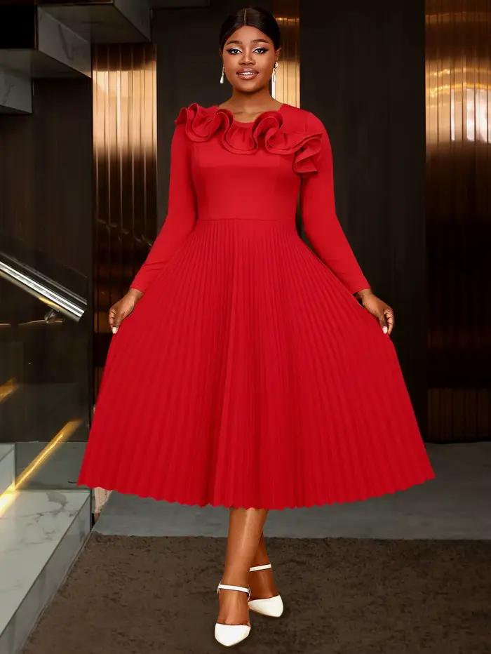 Robe trapèze rouge élégante pour femmes, avec volants 3D, col rond, manches longues plissées, chic, 