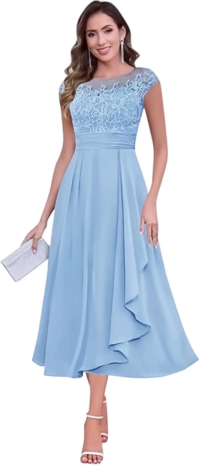 Robes mère de la mariée personnalisées, longueur thé, manches cape, en mousseline de soie, avec des 