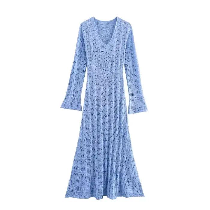 Robe longue tricotée pour femmes, col en v, manches longues, ajouré, taille cintrée, robes de soirée