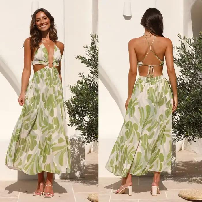 Robe fendue à imprimé floral pour femmes, dos nu, taille haute, sexy, soutien-gorge sans taille, mai