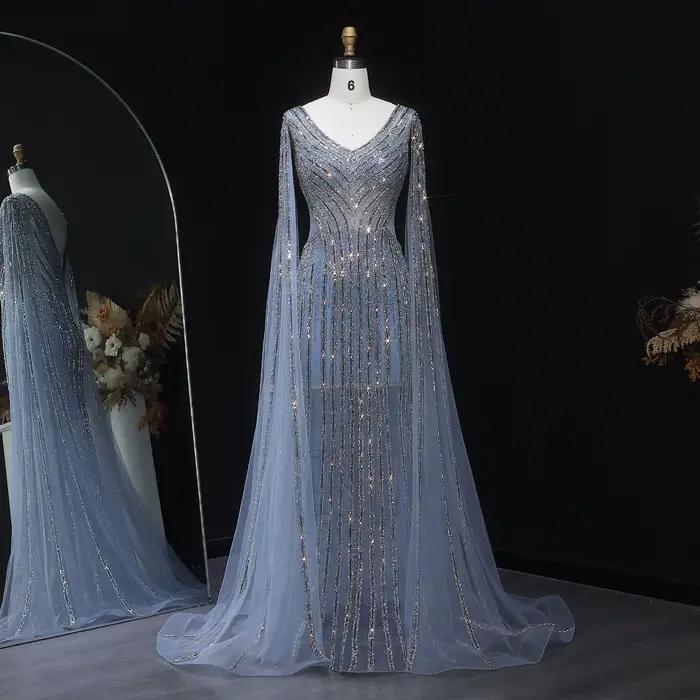 Sharon Said luxe bleu sirène arabe robe de soirée avec manches Cape élégant col en v femmes robes de