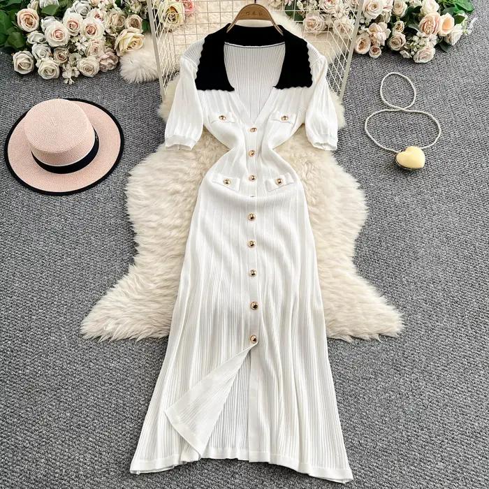Robe longue décontractée pour femme REALEFT, élégante, col polo, tricotée, nouvelle collection 2026,