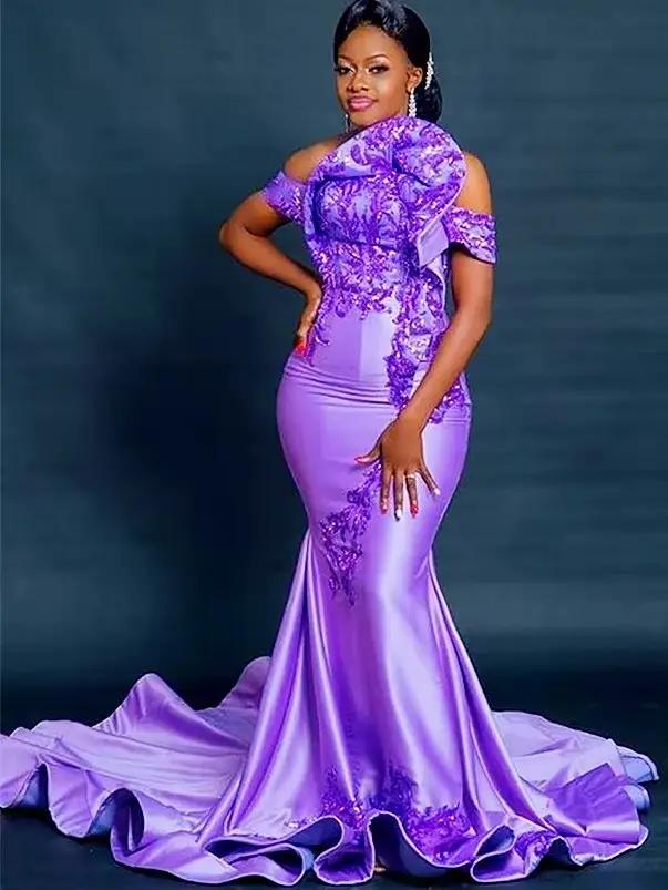 Aso Ebi robes de soirée africaines hors de l'épaule Appliques longue dubaï saoudien arabe noir fille