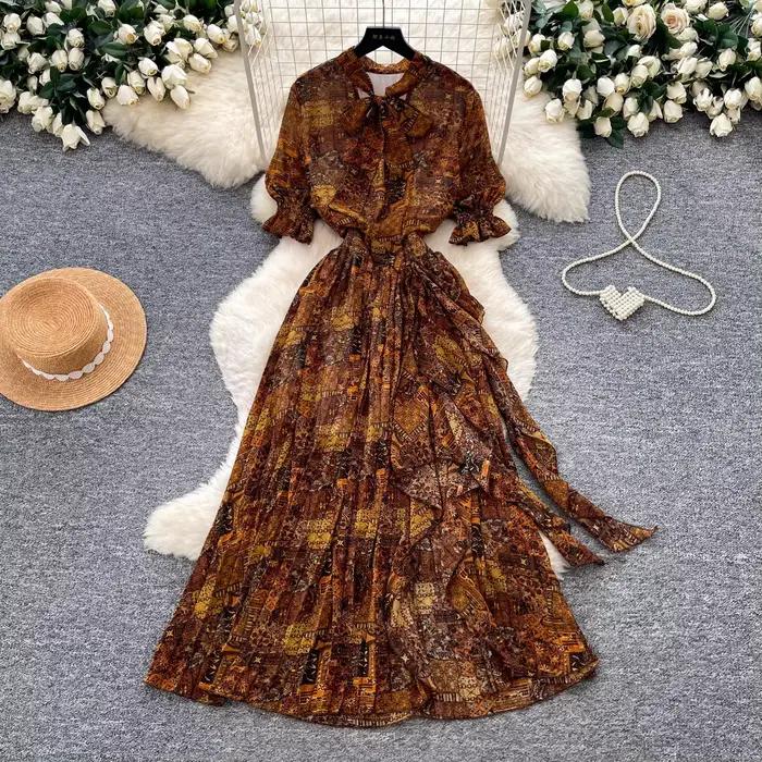Robe longue pour femme, coupe trapèze, style Y2K streetwear, manches courtes, imprimée, à volants, t