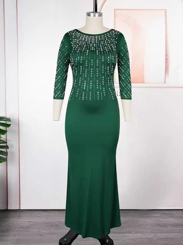 Robes de soirée grande taille pour femmes, élégantes, couleur unie, diamant, longues, Maxi, manches 