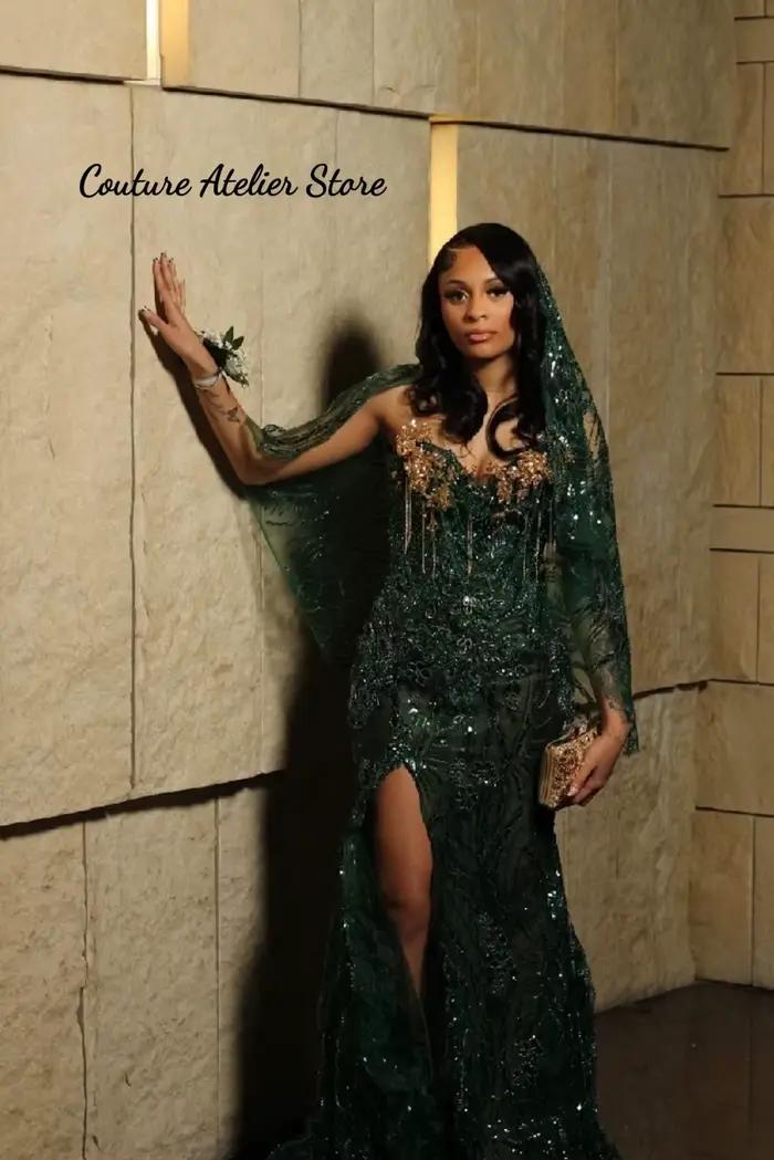 Robe de bal vert émeraude pour femme noire 2026 avec couvre-tête, robe sirène de luxe sans bretelles