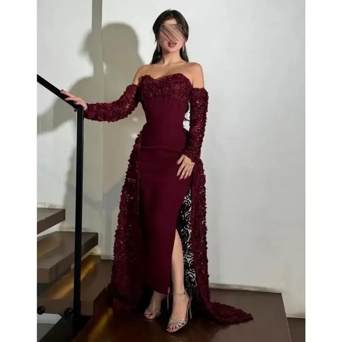 Robes de soirée sirène bordeaux pour femmes, épaules dénudées, dentelle florale, robes de bal à manc
