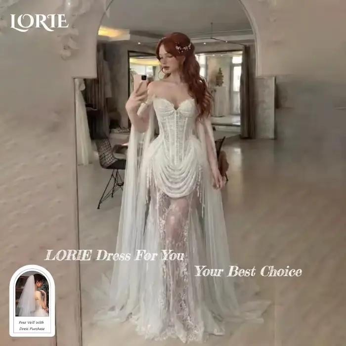 LORIE Robes de mariée vintage en dentelle avec appliques, châle, décolleté cœur, plissées, dos nu, c