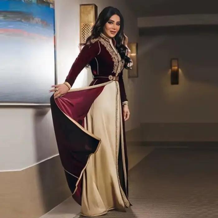 Caftan marocain bordeaux, robes de soirée musulmanes, manches longues, Appliques en velours, dubaï, 