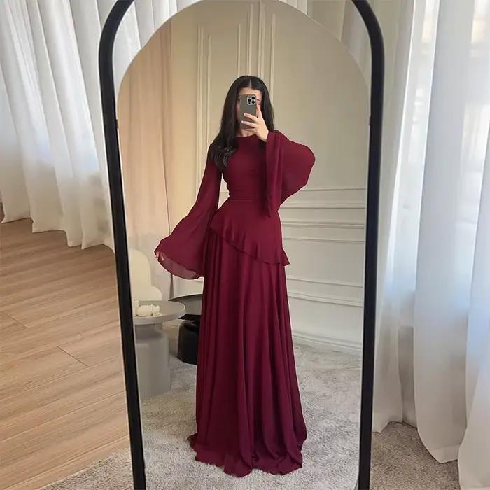 Robe longue élégante bleue en mousseline de soie à volants pour femme, col rond, manches évasées, co