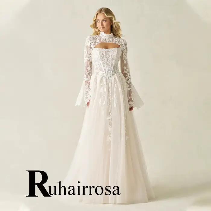Ruhair – robes de mariée charmantes à col haut, corset plissé, ligne A, en Tulle, fermeture éclair, 