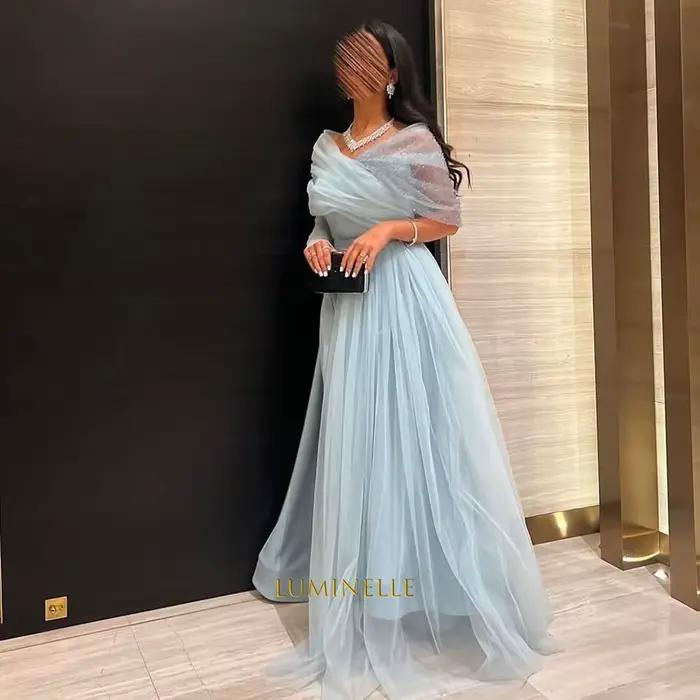 Robes de soirée en tulle, épaules dénudées, coupe trapèze, ornées de perles, bleu clair, drapées, lo