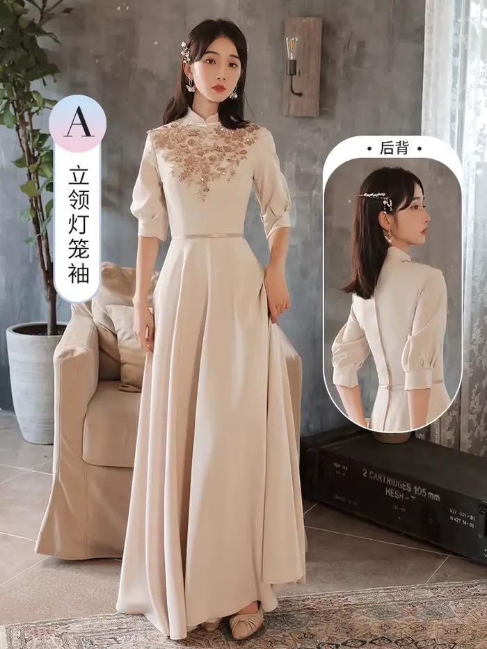 C'est Yiiya robe de soirée personnalisée kaki modeste col haut demi manches a-ligne longueur de plan