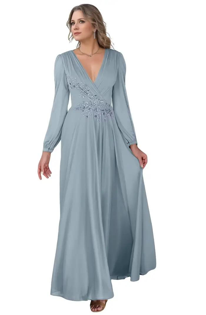 Robes mère de la mariée à col en V, pour mariage, manches longues, en mousseline de soie, avec des A