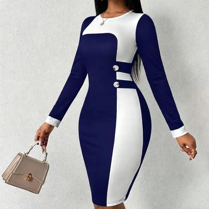 Robe moulante pour femme, bleu et blanc, à blocs de couleur - Robe midi à manches longues et col ron