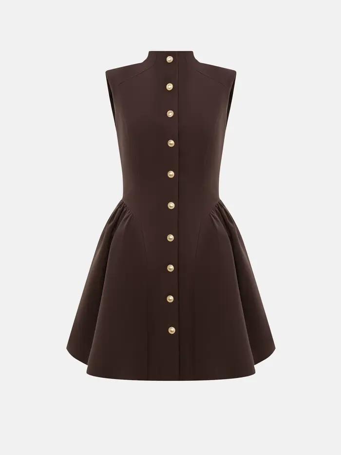 Robe Mini Formelle Élégante Vintage KT pour Femme, Col Montant, Sans Manches, Boutons Dorés, Taille 