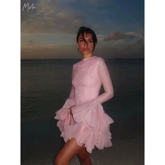 Mila – Mini robe de soirée de mariage, col rond, manches longues, ligne a, personnalisée, fermeture 