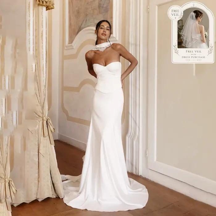Robes de mariée sirène pour femmes, sans bretelles, avec corset en dentelle, dos nu, décolleté cœur,