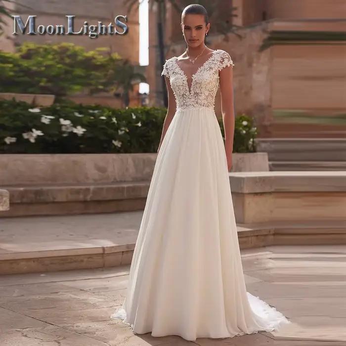 Moonlight – robe De mariée trapèze élégante, manches cape, boutons appliqués, col en v, en mousselin
