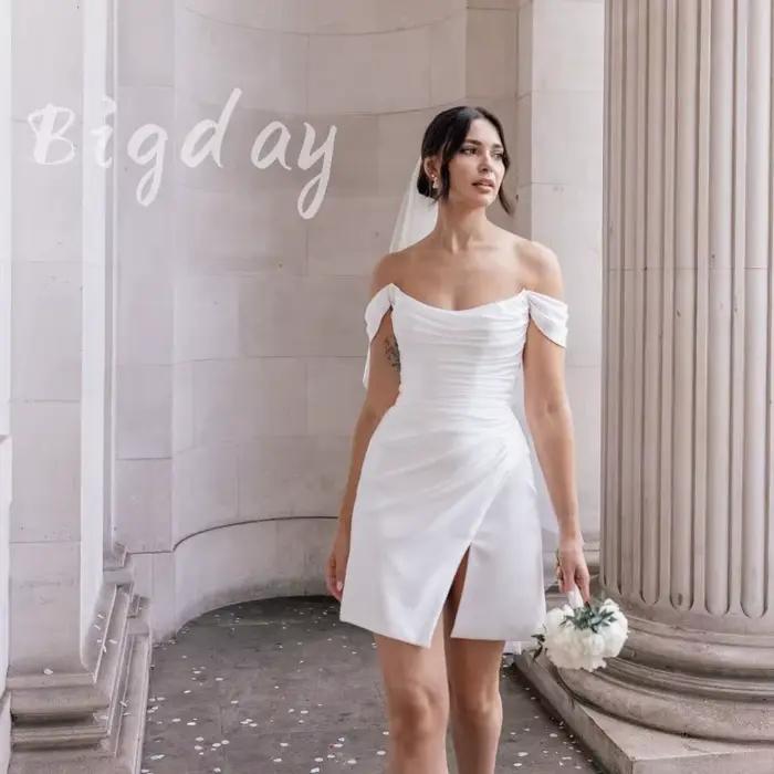 Robe de Mariée Courte Élégante en Satin pour Femme, Dos aux, Cou Bateau, Fente Plissée, Patients, Éd
