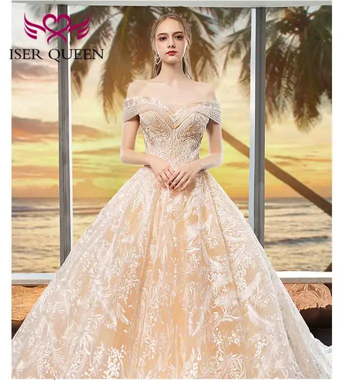 Robe de mariée brodée de luxe personnalisée, épaules dénudées, ivoire, Champagne, perles, dentelle, 