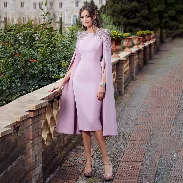 Robe de mariage pour la mère de la mariée µ, longueur genou, gaine/colonne, col rond, perlée, luxe, 