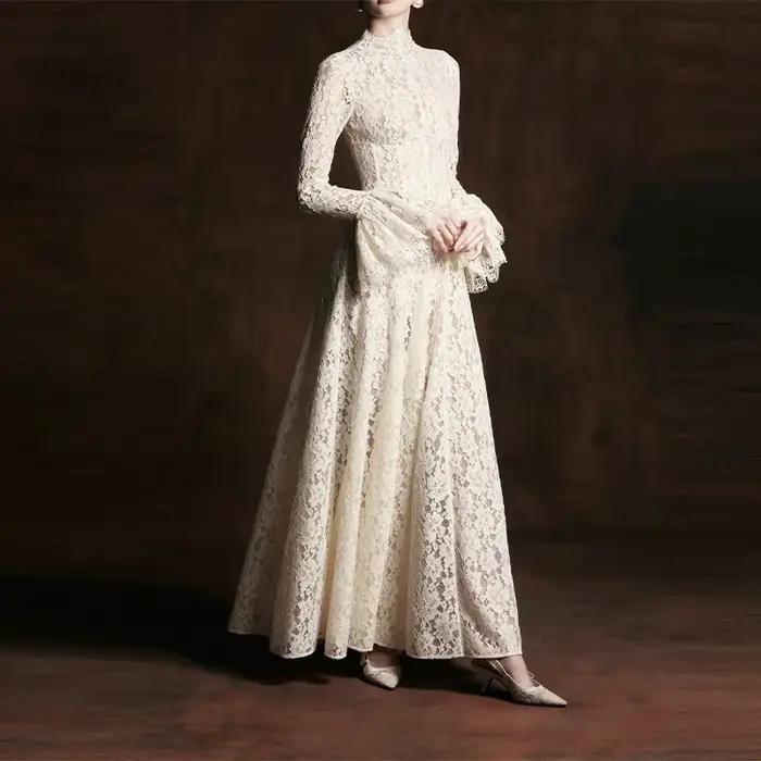 Robe longue élégante en dentelle française, style vintage et tendance, pour femme, idéale pour soiré