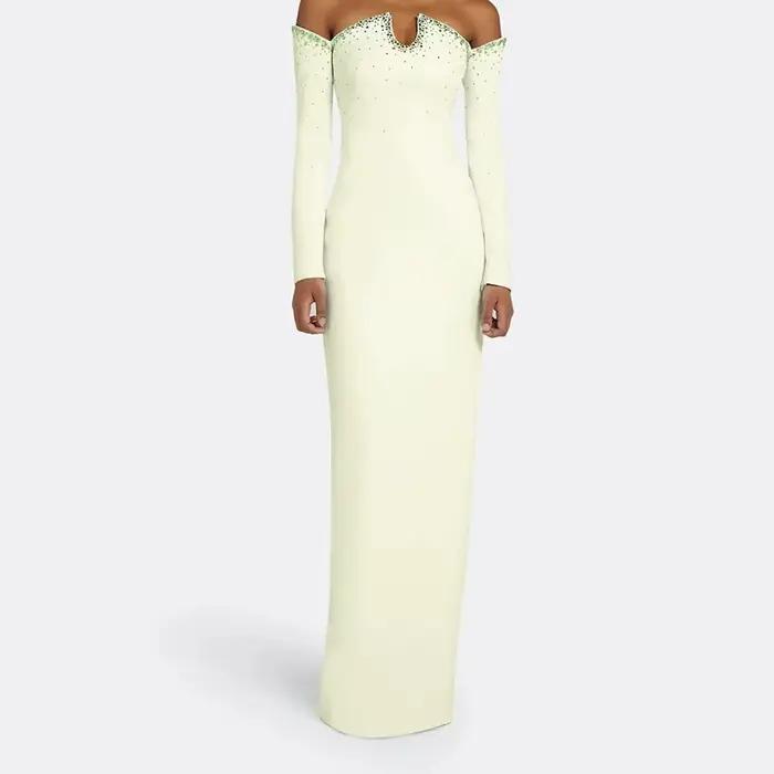 Robe de soirée droite pour femmes, longueur au sol, épaules dénudées, manches longues, robe de bal, 