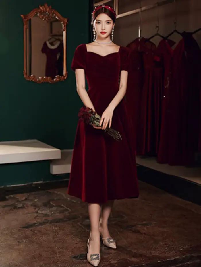 Robe de soirée Vintage bordeaux, manches courtes, ligne a, longueur cheville, Simple, nouvelle colle