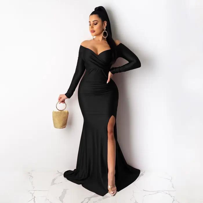 Robe de soirée élégante pour femmes, manches longues, col en V, fente haute, Maxi, taille haute, Cor