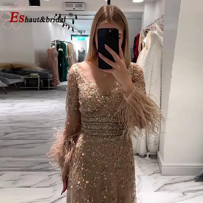 Robe de soirée élégante en plumes de dubaï pour femmes