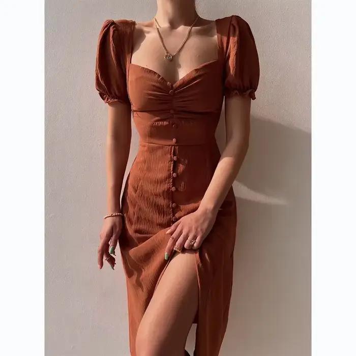 Robe mi-longue fendue à col en V pour femmes