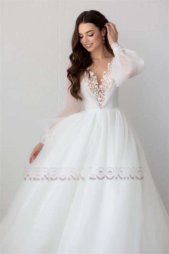HERBURN charmante robes De mariée en Tulle dentelle Appliques encolure dégagée a-ligne manches bouffantes