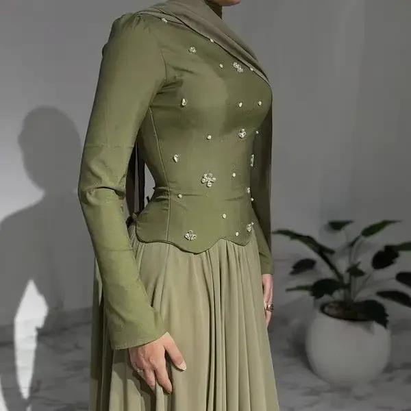Robe de bal musulmane en perles vert Olive