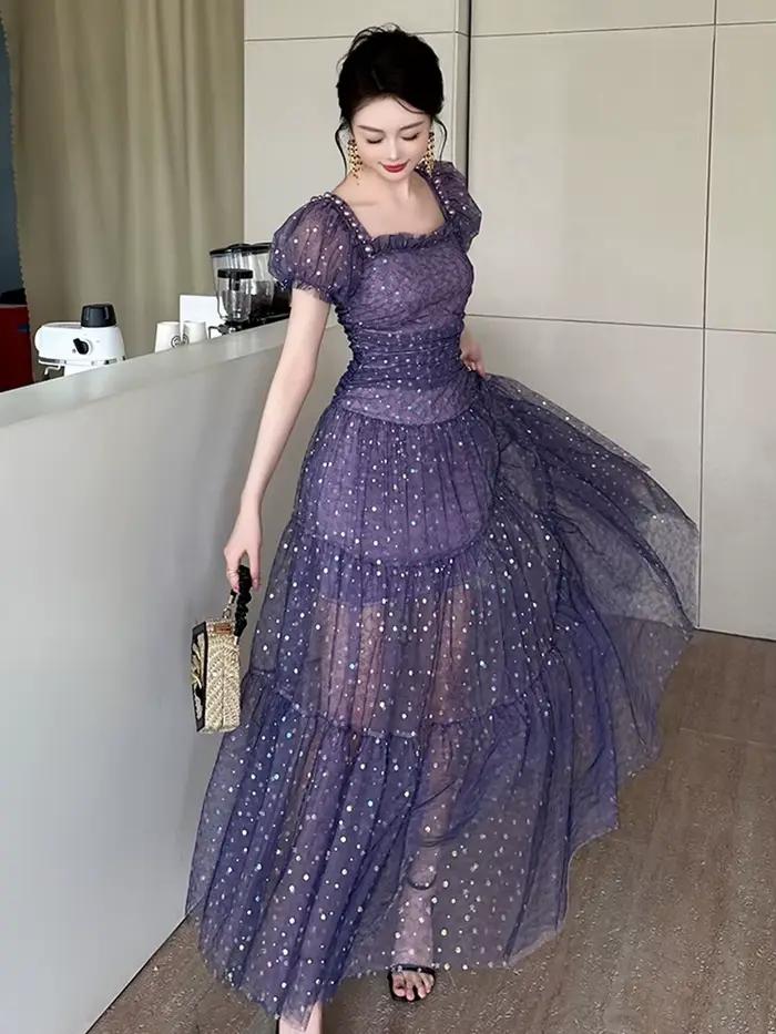 Robe de soirée en maille violette pour femme