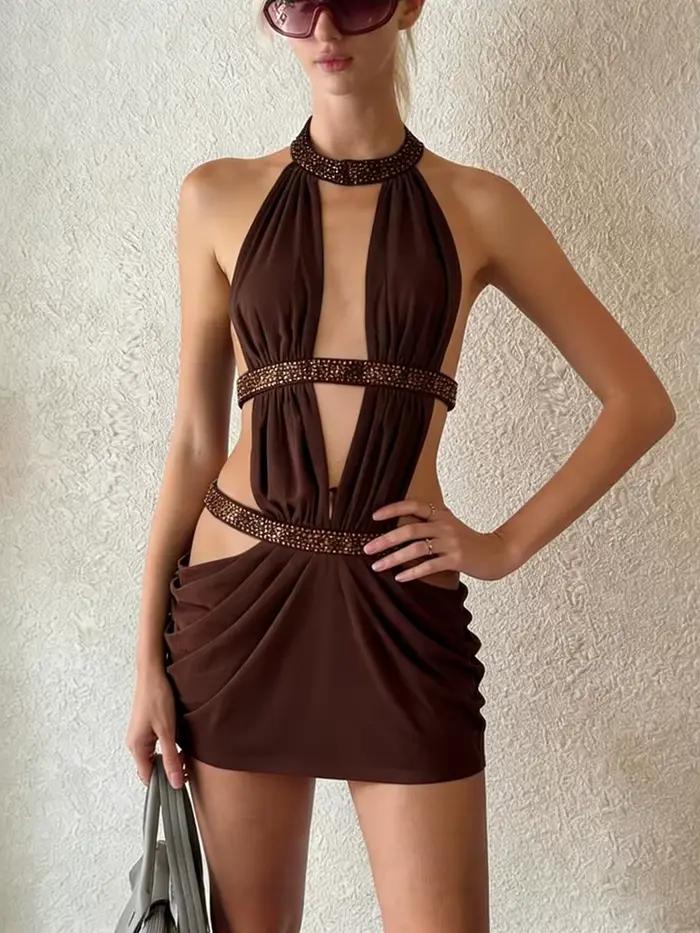 Ibber Dos Nu Sequin Patchwork Robe Femmes Sexy De Mode Creux Ruché Sans Manches Stretch Minuit Partie Rue Moulante
