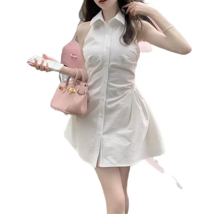 Robe Gilet Col Polo Femme Nouvelle Collection Été Taille Cintrée Rose Coupe Courte Évasée Style Décontracté avec Col Halter