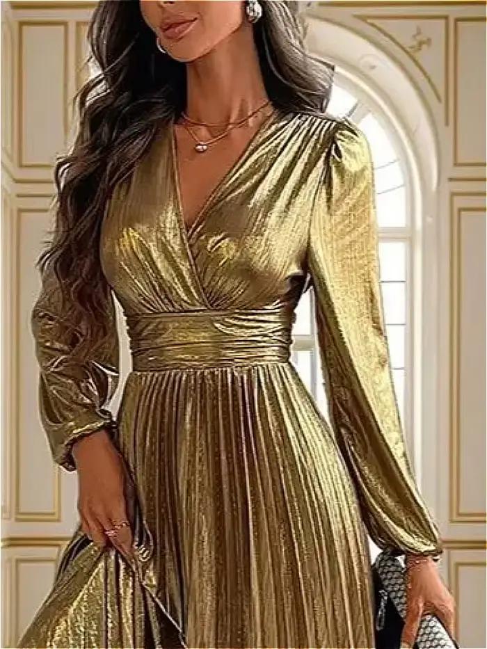 Robe longue en polyester et élasthanne élégante pour femmes, col en V, plissée, manches bouffantes, or, pour mariage, banquet, soirée festive