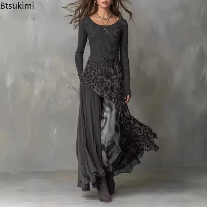 Robe longue élégante pour femme à imprimé léopard et empiècements, taille haute, pour soirées, printemps-automne, à manches longues et volants, style maxi occasions spéciales