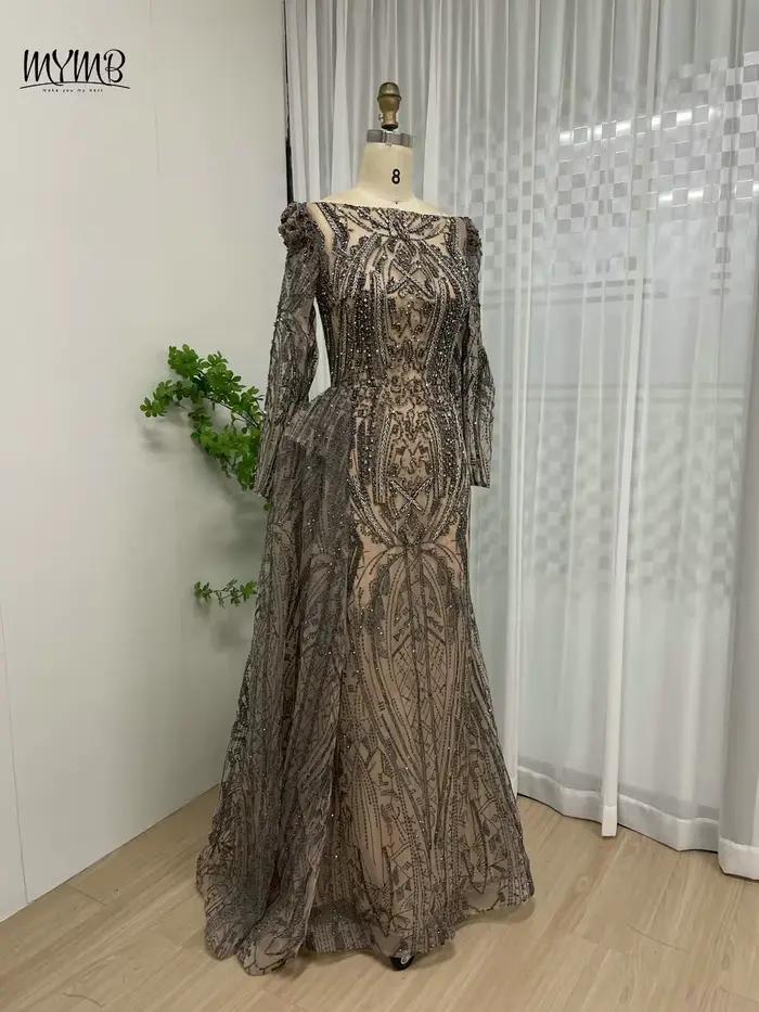 Robe de soirée MYMB en polyester sirène perlée avec train latérale pour femmes mariages et cérémonies spéciales